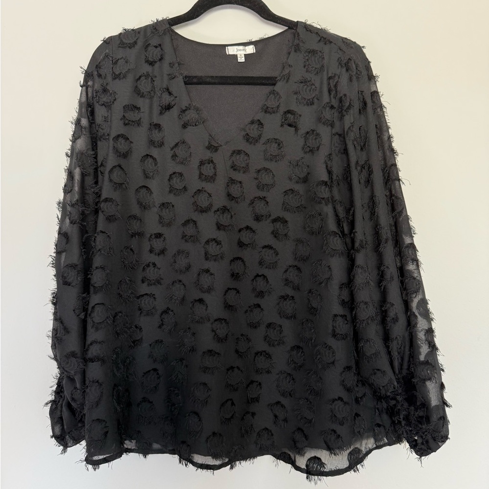 Small Jodifl Black V-Neckk Blouse with sheer balloon sleeves and textured detail